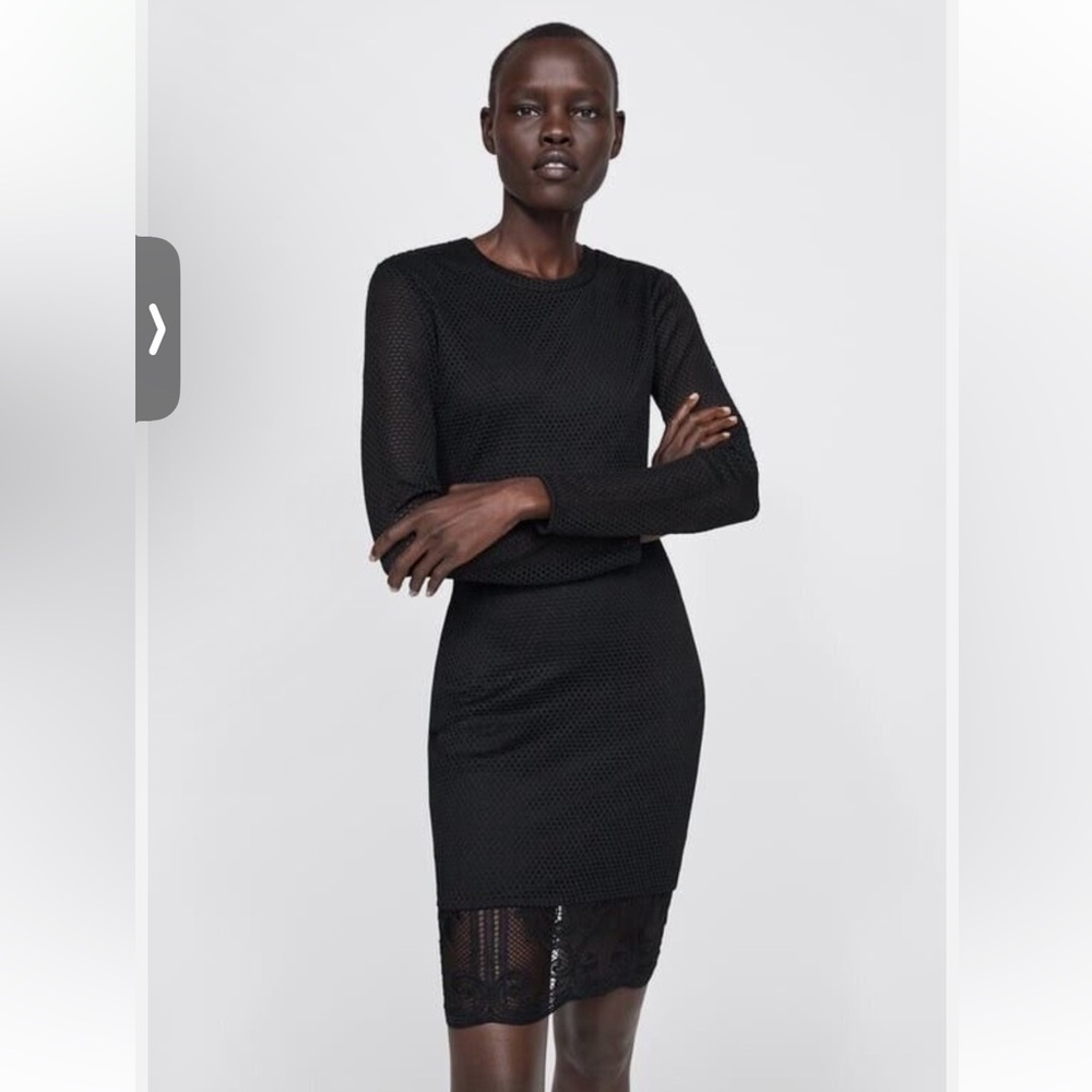 Zara Black Combination Mesh Lace Bodycon Long Sleeve Dress XS NEW WITH TAGS